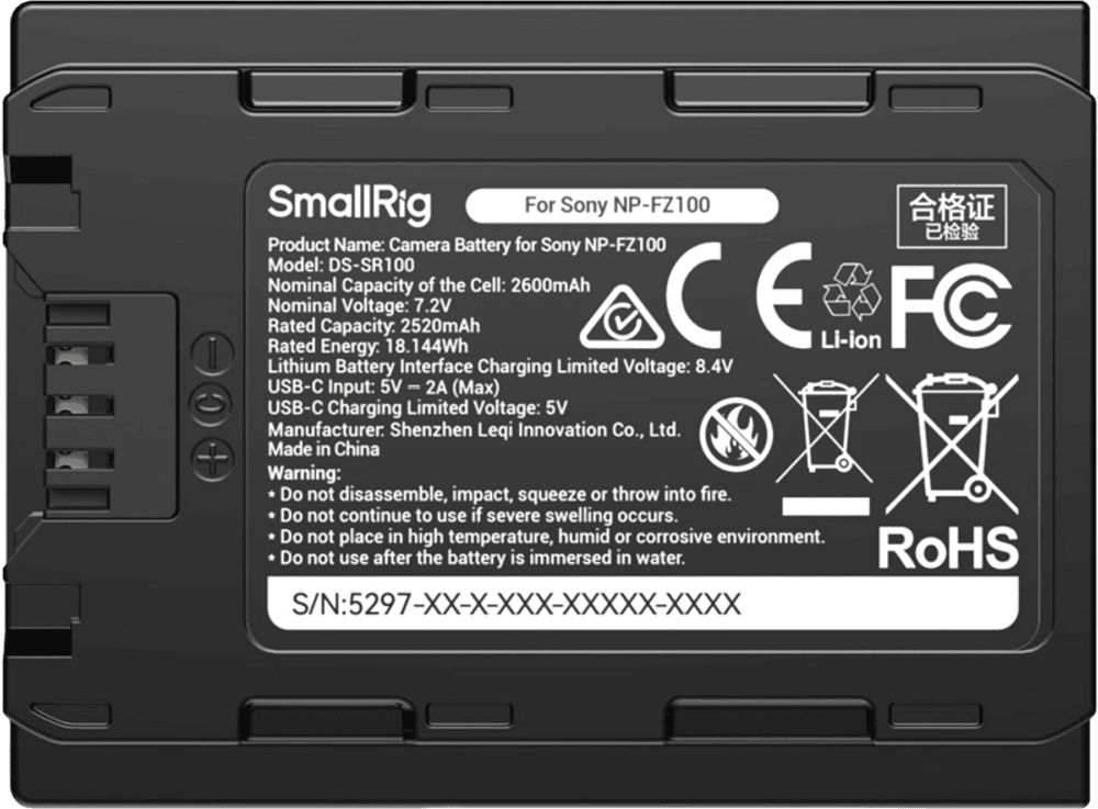 SmallRig 5297 USB-C Camera Battery with Power Display for Sony NP-FZ100