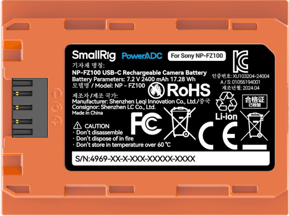 SmallRig  4969 NP-FZ100 USB-C Rechargeable Camera Battery Orange
