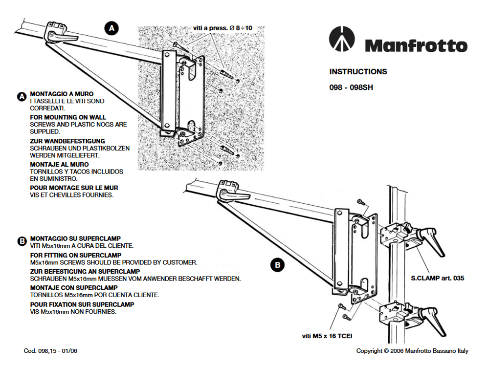 Manfrotto Veggmontert Bom 098SHB Sort